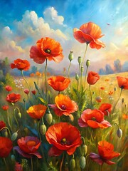Fototapeta premium Painting of a field of red poppies. Watercolor