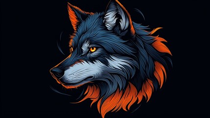 Fototapeta premium Stylized wolf head illustration with vibrant colors against a dark background, showcasing detailed fur