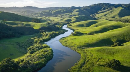 Fototapeta premium Winding river flows through lush green hills under a clear blue sky in a serene natural landscape ideal for outdoor and nature themes.