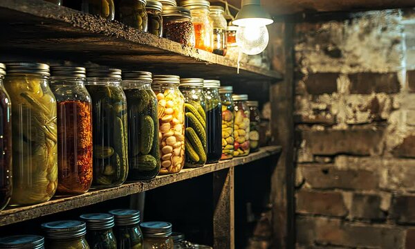 Jars with Pickled Vegetables, Fruity Compotes and Jams in Abandoned Basement with a Light Hanging, Preserved Food in a Dark Room