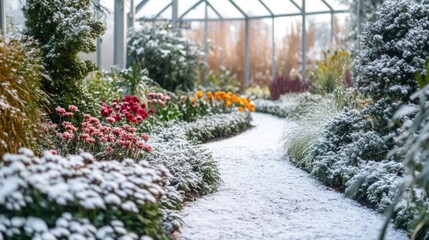 Obraz premium Winter Garden Pathway with Colorful Flowers Amidst Snowy Landscape Serenity and Vibrancy with Space for Text and Branding