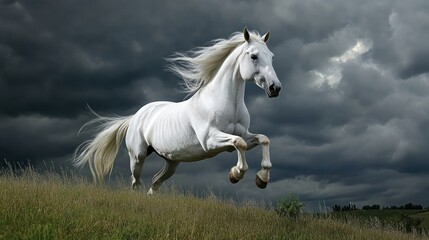 Fototapeta premium Majestic White Horse Gallops on Lush Hill against Dramatic Stormy Sky