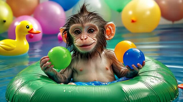 Baby monkey is in a green inflatable pool with a yellow rubber duck and a bunch of colorful balls