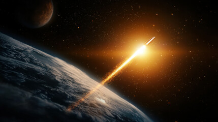 Obraz premium Rocket soaring into space with bright flames, Earth below, and stars surrounding