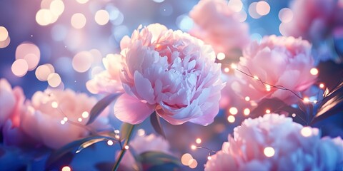 Obraz premium Pastel Peonies and Glowing Fairy Magical Floral Image for Design