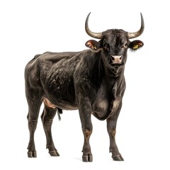 Naklejka premium Black bull, full-body, standing isolated on a white background. Detailed photograph, PNG format. 