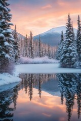 Obraz premium Beautiful majestic landscape with snow covered forest and lake