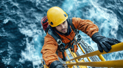 Climber in safety gear ascending tall metal ladder over ocean waves