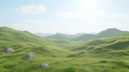Obraz premium Serene landscape of rolling green hills under a bright sky, with rocks in the foreground.
