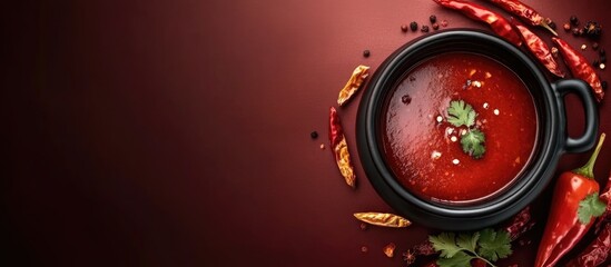 Cauldron of hot spicy chili sauce on dark background with empty space for text ideal for food marketing and culinary offers
