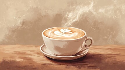 Obraz premium Steaming latte art coffee cup on wood, cafe background