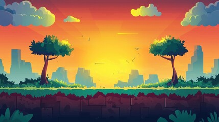 Sunset Cityscape with Trees and Grassy Landscape
