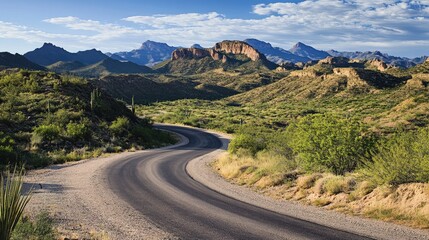 Fototapeta premium Scenic winding road meandering through lush mountainous terrain under a clear blue sky with vibrant greenery and stunning rock formations.