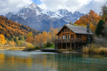 Fototapeta premium Cozy cabin by a serene mountain lake in autumn