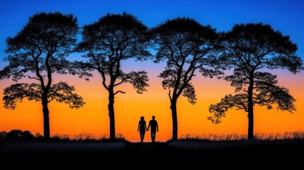 Silhouette of couple holding hands walking at sunset, under three trees.