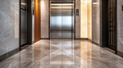 Modern elevator hallway with marble floors and walls.