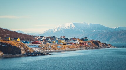 Colorful houses overlooking a tranquil bay in northern canada