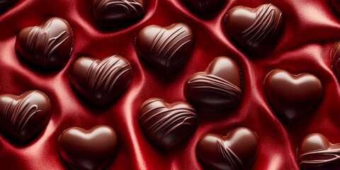 Fototapeta premium Delicious Chocolate Love Hearts on Red Satin Background Romantic Valentines Day Treat