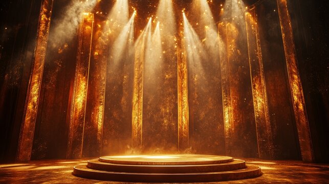 A golden royal awards podium surrounded by radiant spotlights, with premium textures and an elegant stage design