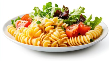French pasta salad served on a simple plate with fresh greens and tomatoes ideal for culinary presentations and food advertising.