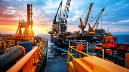 Heavy machinery on offshore oil rig during sunset, showcasing industrial operations and equipment