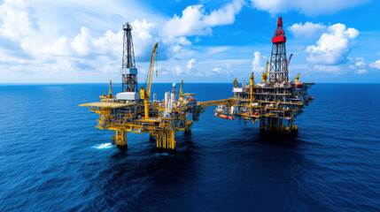 Offshore oil rig with heavy machinery in ocean under blue sky