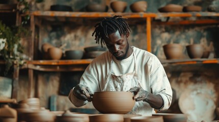 Artisan shaping pottery in a workshop showcasing craftsmanship and creativity with earthy tones and natural materials