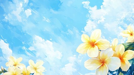 Obraz premium Vibrant Yellow Plumeria Flowers In Full Bloom Against A Clear Blue Sky With Soft White Clouds In A Serene Daytime Setting
