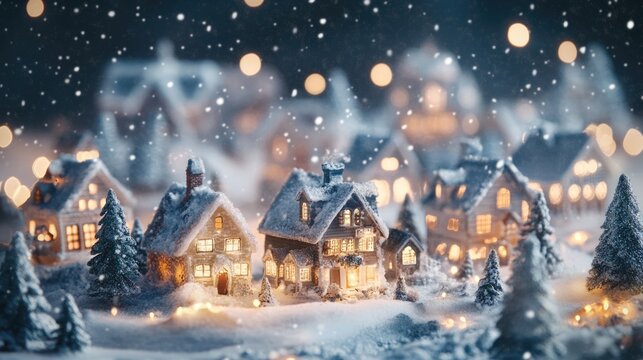 Winter Wonderland Village Scene with Snowy Houses and Lights Featuring Space for Text Overlay - Powered by Adobe