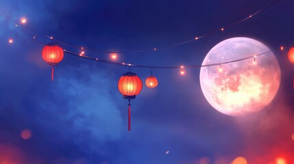 Crescent moon and hanging lanterns illuminated by string lights create a festive atmosphere for night celebrations and festivals.