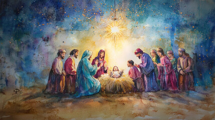 Fototapeta premium serene watercolor depiction of nativity scene with figures gathered around