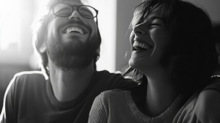 Fototapeta premium Joyful couple sharing laughter and relaxing at home capturing delightful moments of happiness and connection in black and white.