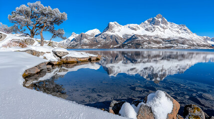 Snowy mountain lake reflection, winter landscape