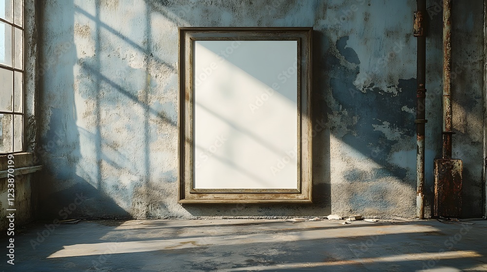 Poster abandoned and dilapidated room with a weathered wooden window frame casting dramatic shadows from th