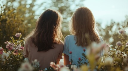 Two young women enjoying a spring picnic surrounded by blooming flowers reflecting friendship and relaxation in a garden setting.