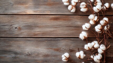 Fototapeta premium Cotton Blossoms on Rustic Wooden Surface with Empty Copyspace for Text or Design Elements