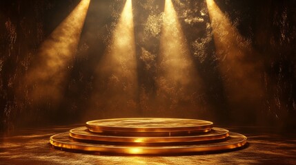 Obraz premium A golden royal awards podium surrounded by radiant spotlights, with premium textures and an elegant stage design