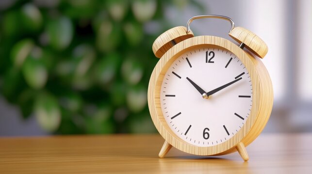 Classic Alarm Clock on Wooden Table with Green Plant Background