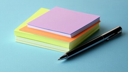 Colorful sticky notes and a pen on a blue background with empty space for text ideal for organization and brainstorming concepts.