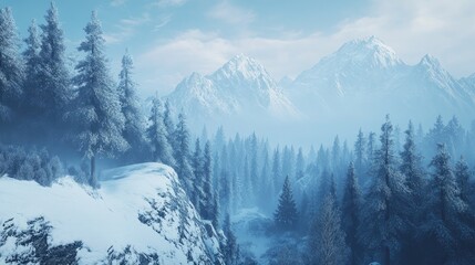 Obraz premium Peaceful snowy forest on mountain slope with snow-covered trees and misty blue mountains creating a serene winter landscape
