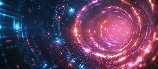 Obraz premium Abstract digital tunnel with glowing lights and vibrant colors, representing technology and depth