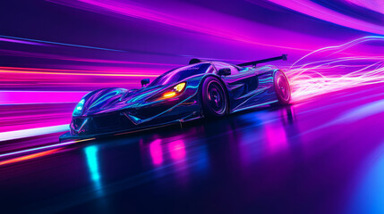Speeding Sports Car On Neon Highway. Powerful acceleration of a supercar on a night track with colorful lights and trails. 3d render