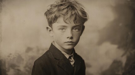 vintage portrait of a young boy with tousled hair and serious expression in a classic black suit and white collar