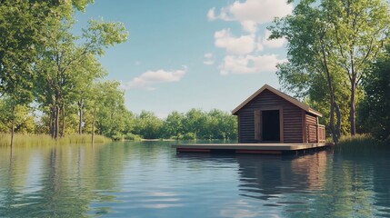 Fototapeta premium A tranquil lakeside scene featuring a wooden cabin on a floating dock surrounded by trees