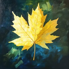 Vibrant yellow maple leaf illuminated against a deep blue and green abstract background, capturing the essence of spring's radiant beauty