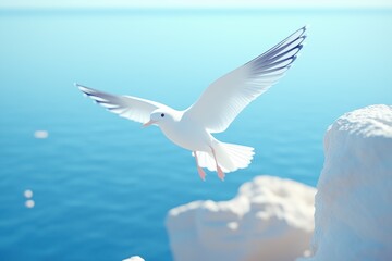 Fototapeta premium A white seagull in flight over a serene blue ocean, with soft waves and a clear sky in the background. The bird's wings are spread wide, showcasing its feathers. 3d rendering cute illustration.