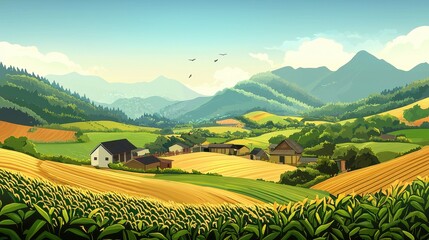 Fototapeta premium Serene Rural Village Nestled In Rolling Green Hills And Mountains