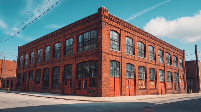 Historic brick warehouse building under blue sky