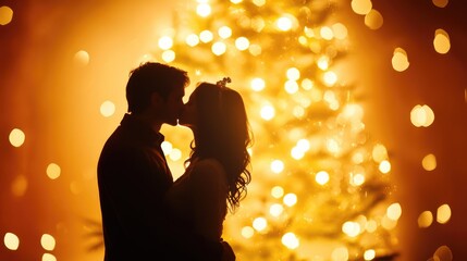 Couple Embracing and Kissing Silhouette in Front of Sparkling Christmas Tree Lights with Romantic Atmosphere