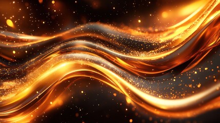 Fototapeta premium Golden waves flowing, dark background, sparkles, abstract, design